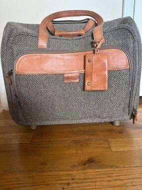 Gray Tweed Hartmann vintage Travel Carry-On with Brown Leather Accents